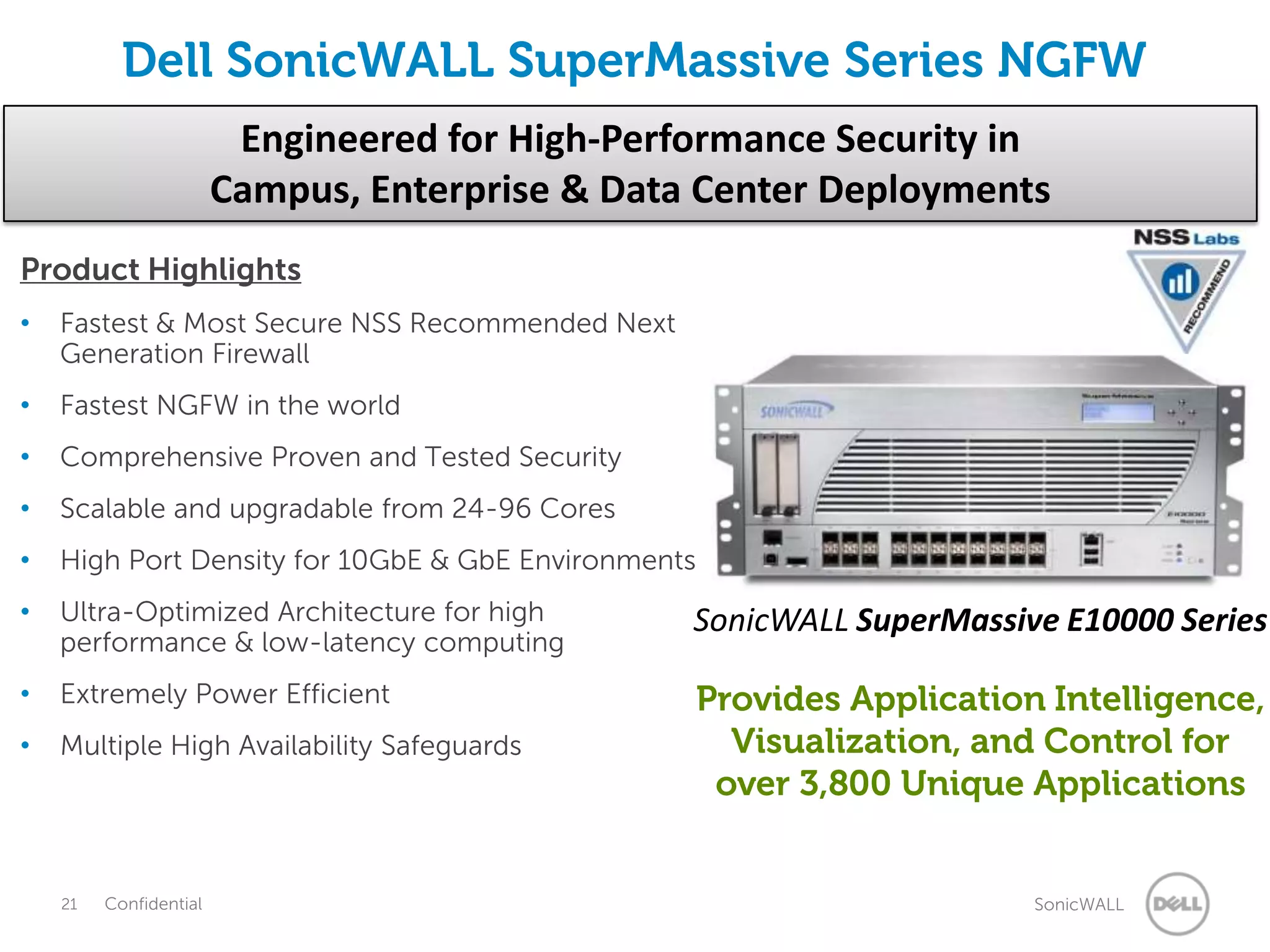 Dell SonicWALL SuperMassive Series NGFW
                         Engineered for High-Performance Security in
                        Campus, Enterprise & Data Center Deployments
Product Highlights
•   Fastest & Most Secure NSS Recommended Next
    Generation Firewall
•   Fastest NGFW in the world
•   Comprehensive Proven and Tested Security
•   Scalable and upgradable from 24-96 Cores
•   High Port Density for 10GbE & GbE Environments
•   Ultra-Optimized Architecture for high        SonicWALL SuperMassive E10000 Series
    performance & low-latency computing
•   Extremely Power Efficient                    Provides Application Intelligence,
•   Multiple High Availability Safeguards          Visualization, and Control for
                                                  over 3,800 Unique Applications


    21   Confidential                                                 SonicWALL
 