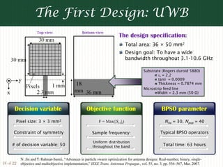 The First Design: UWB
                      Top view                     Bottom view
                                                                           The design specification:
                                                                                Total area: 36 × 50 mm2
                                                                                Design goal: To have a wide
                                                                                bandwidth throughout 3.1-10.6 GHz

                                                                                           Substrate (Rogers duroid 5880)
                                                                                                   εr = 2.2
          y                                                                                        tanδ = 0.0009
                                                                                                   Thickness = 0.7874 mm
                                                                                           Microstrip feed line
   x                                                                                              Width = 2.3 mm (50 Ω)



        Decision variable                             Objective function                              BPSO parameter
        Pixel size: 3 × 3 mm2                                 F = Max(|S11|i)                            Nite = 30, Npop = 40

       Constraint of symmetry                            Sample frequency:                            Typical BPSO operators

                                                         Uniform distribution
       # of decision variable: 50                        throughout the band                           Total time: 63 hours


           N. Jin and Y. Rahmat-Samii, “Advances in particle swarm optimization for antenna designs: Real-number, binary, single-
18 of 22 objective and multiobjective implementation,” IEEE Trans. Antennas Propagat., vol. 55, no. 3, pp. 556–567, Mar. 2007.
 