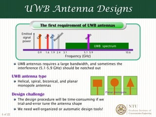 UWB Antenna Designs
                          The first requirement of UWB antennas
              Emitted
               signal
               power
                                                                  UWB spectrum

                        0.9   1.6 1.9 2.4   3.1         5.1 5.9                       10.6
                                             Frequency (GHz)

            UWB antennas requires a large bandwidth, and sometimes the
            interference (5.1-5.9 GHz) should be notched out

          UWB antenna type
            Helical, spiral, biconical, and planar
            monopole antennas
                                                                        Planar monopole
          Design challenge
            The design procedure will be time-consuming if we
            trial-and-error tune the antenna shape
                                                                                          NTU
            We need well-organized or automatic design tools!                             Graduate Institute of
                                                                                          Communication Engineering
4 of 22
 