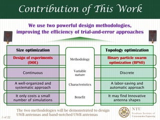 Contribution of This Work
               We use two powerful design methodologies,
           improving the efficiency of trial-and-error approaches


           Size optimization                                Topology optimization
          Design of experiments          Methodology         Binary particle swarm
                  (DOE)                                       optimization (BPSO)

                                           Variable
               Continuous                                              Discrete
                                            nature

          A well-organized and          Characteristics            A labor-saving and
          systematic approach                                     automatic approach

           It only costs a small           Benefit            It may find Innovative
          number of simulations                                   antenna shapes

           The two methodologies will be demonstrated to design               NTU
                                                                              Graduate Institute of
           UWB antennas and band-notched UWB antennas                         Communication Engineering
5 of 22
 