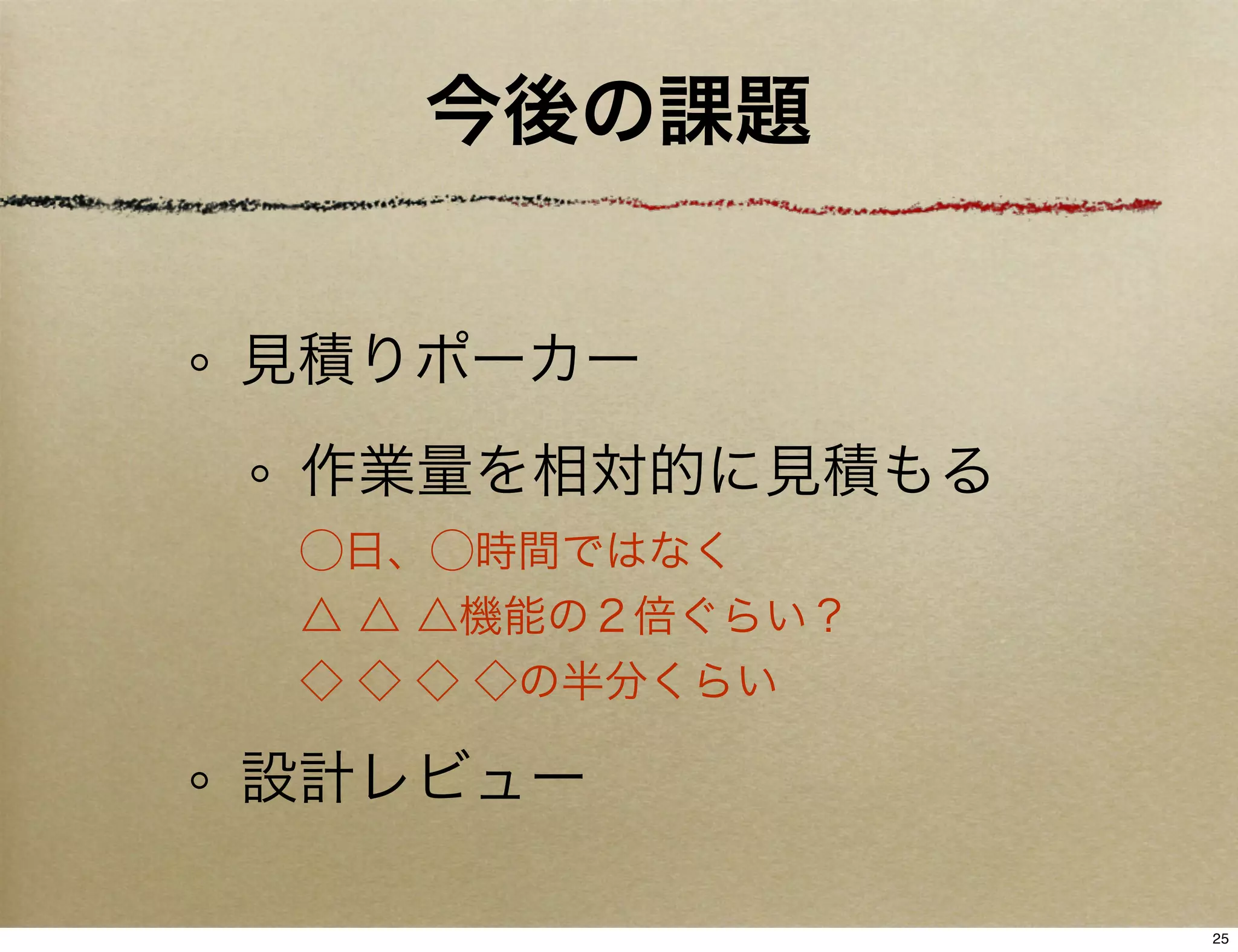 今後の課題


見積りポーカー
 作業量を相対的に見積もる
 ⃝日、⃝時間ではなく
 △ △ △機能の２倍ぐらい？
 ◇ ◇ ◇ ◇の半分くらい

設計レビュー

                  25
 