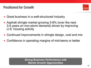 Positioned for Growth

   Great business in a well-structured industry
   Asphalt shingle market growing 5-8% (over the next
    3-5 years on non-storm demand) driven by improving
    U.S. housing activity
   Continued improvements in shingle design, cost and mix
   Confidence in operating margins of mid-teens or better




                 Strong Business Performance with
                    Market Growth Opportunities
                                                             17
 