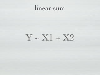 n   . All variables except for the outcome

n   + X2 Add X2 term

n   - 1 Remove intercept

n   X1:X2 Interaction term between X1 and X2

n   X1*X2 Main effects and interaction term
 