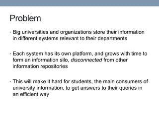 Problem
• Big universities and organizations store their information
 in different systems relevant to their departments

• Each system has its own platform, and grows with time to
 form an information silo, disconnected from other
 information repositories

• This will make it hard for students, the main consumers of
 university information, to get answers to their queries in
 an efficient way
 
