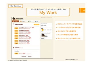 Our	
  Solution
                                                自分の仕事がプロジェクトとつながって確認できる
                                                                                            15

                                                     My Work

                                                                ✔	
  プロジェクトのタスクが自動で追加	
  

                                                                ✔	
  打ち合わせなどの予定も登録可能	
  

                                                                ✔	
  自分だけの予定も登録可能	
  

                                                                ✔	
  タスクの開始/完了報告も簡単	
  

                                                                ✔	
  先々のスケジュールも確認できる	
  




(C) Paradise Ware Inc. All rights reserved.	
                                                                         * 画面はβ版のものです
 