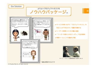 Our	
  Solution
                                                 よりよいプロジェクトのコツを
                                                                                                    24
                                                ノウハウパッケージ                      で




                                                                   ✔	
  サービスを使いながら「プロジェクトのコツ」を	
  

                                                                    知ることができるので、知識が定着する	
  

                                                                   ✔	
  リーダーの教育コストを大幅に低減	
  

                                                                   ✔	
  「リーダーを教えられるリーダー」不足を解消	
  

                                                                   ✔	
  教育ツールとしての提供も可能	
  




                                                                       ジャック・バウアーも後継者育成には苦労しました


                                                   * 画面は開発中のものです
(C) Paradise Ware Inc. All rights reserved.	
 