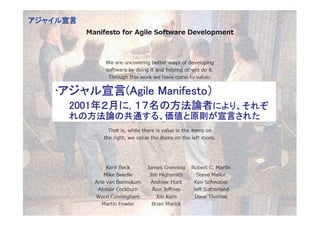 アジャイル宣言
アジャイル宣言




     •アジャル宣言(Agile Manifesto）
      アジャル宣言(
      アジャル宣言       Manifesto）
       2001年
       2001年２月に, １７名の方法論者により、それぞ
                 １７名     により、
       れの方法論の共通する、価値と原則が宣言された
       れの方法論の共通する、価値と原則が宣言された
         方法論   する




15                              株式会社オージス総研
                                株式会社オージス総研
                                    オージス
 