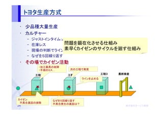 トヨタ生産方式
     トヨタ生産方式

 • 少品種大量生産
 • カルチャー
     –   ジャストインタイム（必要なものを、必要なだけ、必要なときに）
     –   在庫レス       問題を顕在化させる仕組み
     –              素早くカイゼンのサイクルを廻す仕組み
         現場の判断でラインを止める
     –   なぜを５回繰り返す
 • その場でカイゼン活動
   その場 カイゼン活動
           ・加工器具の故障
           ・手順のミス…    次の工程で発見

          工程１
          工程１         工程２
                      工程２              工程３
                                       工程３   最終検査
                             ラインを止める




カイゼン            なぜを５回繰り返す
　不具合真因の排除       不具合発生の真因は？
24                                             株式会社オージス総研
                                               株式会社オージス総研
                                                   オージス
 