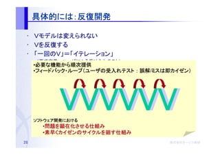 具体的には：
     具体的には：反復開発
        には

 • Ｖモデルは変えられない
    モデルは
 • Ｖを反復する
     反復する
 • 「一回のＶ」＝「イテレーション」
    一回のＶ」＝「イテレーション」
           イテレーション
 　　　（要求定義～ユーザによる受け入れテスト）
     •必要な機能から順次提供
      必要な機能から順次提供
      必要    から
     •フィードバック・ループ（ユーザの受入れテスト ： 誤解 ミスは即カイゼン）
      フィードバック・
      フィードバック ループ（ユーザの受入れ      誤解/ミス
                                  ミスは カイゼン）




     ソフトウェア開発における
     ソフトウェア開発における　
           開発における　
       •問題を顕在化させる仕組み
        問題を顕在化させる仕組み
        問題     させる仕組
       •素早くカイゼンのサイクルを廻す仕組み
        素早く
        素早 カイゼンのサイクルを  仕組み
28                                   株式会社オージス総研
                                     株式会社オージス総研
                                         オージス
 