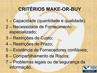 CRITÉRIOS MAKE-OR-BUY

1 – Capacidade (quantidade e qualidade);
2 – Necessidade de Fornecimento
  especializado;
3 – Restrições de Custo;
4 – Restrições de Prazo;
5 – Existência de Fornecedores confiáveis;
6 – Compartilhamento de Riscos;
7 – Problemas legais ou de segurança da
  informação.
 