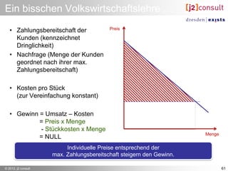 Ein bisschen Volkswirtschaftslehre …

   • Zahlungsbereitschaft der             Preis

     Kunden (kennzeichnet
     Dringlichkeit)
   • Nachfrage (Menge der Kunden
     geordnet nach ihrer max.
     Zahlungsbereitschaft)

   • Kosten pro Stück
     (zur Vereinfachung konstant)

   • Gewinn = Umsatz – Kosten
            = Preis x Menge
            - Stückkosten x Menge
                                                                      Menge
            = NULL
                          Individuelle Preise entsprechend der
                     max. Zahlungsbereitschaft steigern den Gewinn.

© 2012, j2 consult                                                            61
 