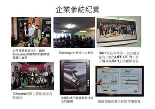 企業參訪紀實




史丹佛畢業高材生，創辦
BerryLine,跳離專長的創業過   Startengine 育成中心參訪   R&H 作品非常多，包含最近
程讓人省思                                     在台上映的LIFE OF PI，李
                                          安導演與R&H工作團隊合影




與Aurora高階主管座談並合
影留念                   參觀Eink了解其創新技術
                      及其應用                透過電腦營幕全程監控用電量
 