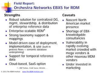 Field Report:
                Orchestra Networks EBX5 for RDM
    Strengths                                                    Caveats
      Robust solution for centralized DG,                        Nascent North
       mgmt, stewardship, & distribution                           American market
       of enterprise reference data                                presence
                                1
      Enterprise-scalable RDM                                    Shortage of EBX-

      Strong taxonomy support &                                   knowledgable
       mappings                                                    consultancies
      Model-driven ease of deployment,                           Vulnerability in

       implementation, & use (built-in                             rapidly evolving
          process flows + semantic database                        market crowded with
          underpinning)                                            mega vendors &
         Support for temporal reference                           other nouveau MDM
          data                                                     vendors
         Cloud-based, SaaS option                                Under invested in
                   1 – BNP Paribas, Crédit Suisse, Michelin, …     marketing
© 2012 The MDM Institute   www.The-MDM-Institute.com
 