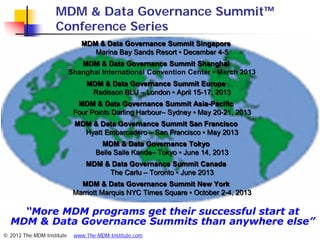 MDM & Data Governance Summit™
                   Conference Series
                              MDM & Data Governance Summit Singapore
                                 Marina Bay Sands Resort ▪ December 4-5
                              MDM & Data Governance Summit Shanghai
                           Shanghai International Convention Center ▪ March 2013
                                MDM & Data Governance Summit Europe
                                 Radisson BLU – London ▪ April 15-17, 2013
                             MDM & Data Governance Summit Asia-Pacific
                            Four Points Darling Harbour– Sydney ▪ May 20-21, 2013
                            MDM & Data Governance Summit San Francisco
                              Hyatt Embarcadero – San Francisco ▪ May 2013
                                     MDM & Data Governance Tokyo
                                   Belle Salle Kanda– Tokyo ▪ June 14, 2013
                                MDM & Data Governance Summit Canada
                                     The Carlu – Toronto ▪ June 2013
                              MDM & Data Governance Summit New York
                            Marriott Marquis NYC Times Square ▪ October 2-4, 2013

    “More MDM programs get their successful start at
  MDM & Data Governance Summits than anywhere else”
© 2012 The MDM Institute    www.The-MDM-Institute.com
 