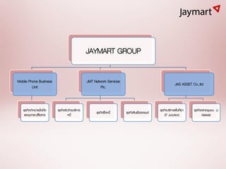 JAYMART GROUP

Mobile Phone Business                          JMT Network Services
                                                                                                          JAS ASSET Co.,ltd
         Unit                                          Plc.



   ธุรกิจจำหน่ำยมือถือ   ธุรกิจรับจ้ำงบริหำร                                                ธุรกิจบริหำรพินทีเ่ ช่ำ
                                                                                                           ้          ธุรกิจตลำดชุมชน (J
                                                    ธุรกิจซือหนี้
                                                            ้         ธุรกิจสินเชือรถยนต์
                                                                                  ่
    และอุปกรณ์สอสำร
                ื่                หนี้                                                          (IT Junction)                Market)
 