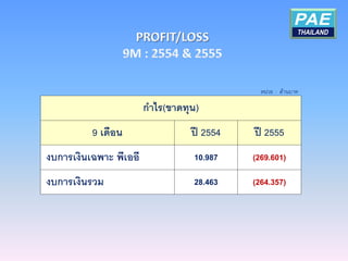 หน่วย : ล้านบาท

                        กาไร(ขาดทุน)
          9 เดือน                 ปี 2554   ปี 2555
งบการเงินเฉพาะ พีเออี              10.987   (269.601)


งบการเงินรวม                       28.463   (264.357)
 