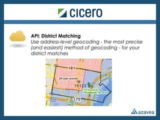 API: District Matching
Use address-level geocoding - the most precise
(and easiest!) method of geocoding - for your
district matches
 