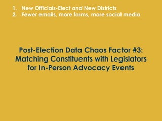 1. New Officials-Elect and New Districts
2. Fewer emails, more forms, more social media




 Post-Election Data Chaos Factor #3:
Matching Constituents with Legislators
   for In-Person Advocacy Events
 