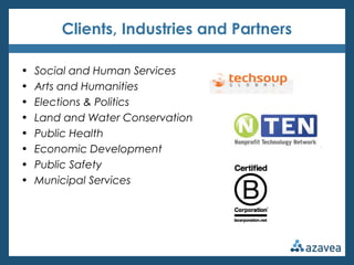 Clients, Industries and Partners

•   Social and Human Services
•   Arts and Humanities
•   Elections & Politics
•   Land and Water Conservation
•   Public Health
•   Economic Development
•   Public Safety
•   Municipal Services
 