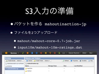 S3入力の準備
•バケットを作る mahoutinaction-jp
•ファイルを2つアップロード
•mahout/mahout-core-0.7-job.jar
•input10m/mahout-10m-ratings.dat
 