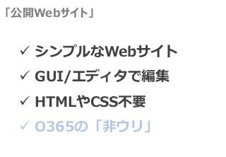 「公開Webサイト」


  シンプルなWebサイト
  GUI/エディタで編集
  HTMLやCSS不要
  O365の「非ウリ」
 