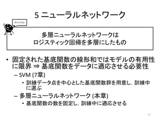 5 ニューラルネットワーク
 ポイントだよ




           多層ニューラルネットワークは
          ロジスティック回帰を多層にしたもの

• 固定された基底関数の線形和ではモデルの有用性
  に限界 ⇒ 基底関数をデータに適応させる必要性
 – SVM (7章)
     • 訓練データ点を中心とした基底関数群を用意し，訓練中
       に選ぶ
 – 多層ニューラルネットワーク (本章)
     • 基底関数の数を固定し，訓練中に適応させる
                               12
 