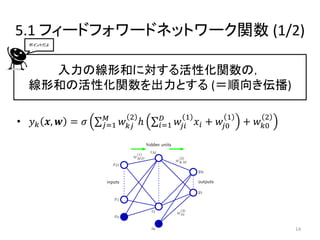 5.1 フィードフォワードネットワーク関数 (1/2)
    ポイントだよ




      入力の線形和に対する活性化関数の，
    線形和の活性化関数を出力とする (＝順向き伝播)

                    𝑀      2       𝐷     1          1       2
•   𝑦 𝑘 𝒙, 𝒘 = 𝜎   𝑗=1   𝑤 𝑘𝑗 ℎ   𝑖=1   𝑤𝑗𝑖 𝑥 𝑖 + 𝑤𝑗0   + 𝑤 𝑘0




                                                                 14
 