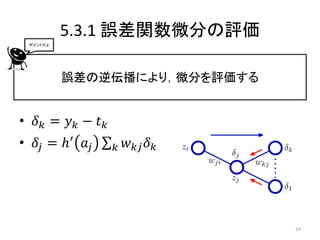 5.3.1 誤差関数微分の評価
 ポイントだよ




          誤差の逆伝播により，微分を評価する


• 𝛿𝑘 = 𝑦𝑘 − 𝑡𝑘
• 𝛿 𝑗 = ℎ′ 𝑎 𝑗   𝑘   𝑤 𝑘𝑗 𝛿 𝑘




                                24
 