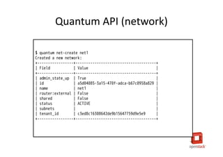 Quantum API (network)

$ quantum net-create net1
Created a new network:
+-----------------+--------------------------------------+
| Field           | Value                                |
+-----------------+--------------------------------------+
| admin_state_up | True                                  |
| id              | a5d04085-3a15-470f-adca-b67c0958a829 |
| name            | net1                                 |
| router:external | False                                |
| shared          | False                                |
| status          | ACTIVE                               |
| subnets         |                                      |
| tenant_id       | c3ed8c16308642de9b15647759d9e5e9     |
+-----------------+--------------------------------------+
 