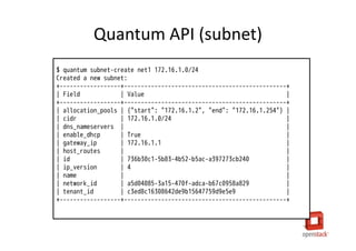 Quantum API (subnet)
$ quantum subnet-create net1 172.16.1.0/24
Created a new subnet:
+------------------+------------------------------------------------+
| Field            | Value                                          |
+------------------+------------------------------------------------+
| allocation_pools | {"start": "172.16.1.2", "end": "172.16.1.254"} |
| cidr             | 172.16.1.0/24                                  |
| dns_nameservers |                                                 |
| enable_dhcp      | True                                           |
| gateway_ip       | 172.16.1.1                                     |
| host_routes      |                                                |
| id               | 736b30c1-5b83-4b52-b5ac-a397273cb240           |
| ip_version       | 4                                              |
| name             |                                                |
| network_id       | a5d04085-3a15-470f-adca-b67c0958a829           |
| tenant_id        | c3ed8c16308642de9b15647759d9e5e9               |
+------------------+------------------------------------------------+
 