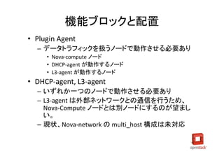 機能ブロックと配置
• Plugin Agent
  – データトラフィックを扱うノードで動作させる必要あり
     • Nova-compute ノード
     • DHCP-agent が動作するノード
     • L3-agent が動作するノード
• DHCP-agent, L3-agent
  – いずれか一つのノードで動作させる必要あり
  – L3-agent は外部ネットワークとの通信を行うため、
    Nova-Compute ノードとは別ノードにするのが望まし
    い。
  – 現状、Nova-network の multi_host 構成は未対応
 