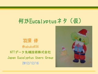 何かEucalyptusネタ (仮)


         羽深 修
         @habuka036
 NTTデータ先端技術株式会社
Japan Eucalyptus Users Group
         2012/12/16
 