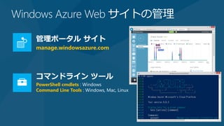 Windows Azure Web サイトの管理

   管理ポータル サイト
   manage.windowsazure.com




   コマンドライン ツール
   PowerShell cmdlets : Windows
   Command Line Tools : Windows, Mac, Linux
 