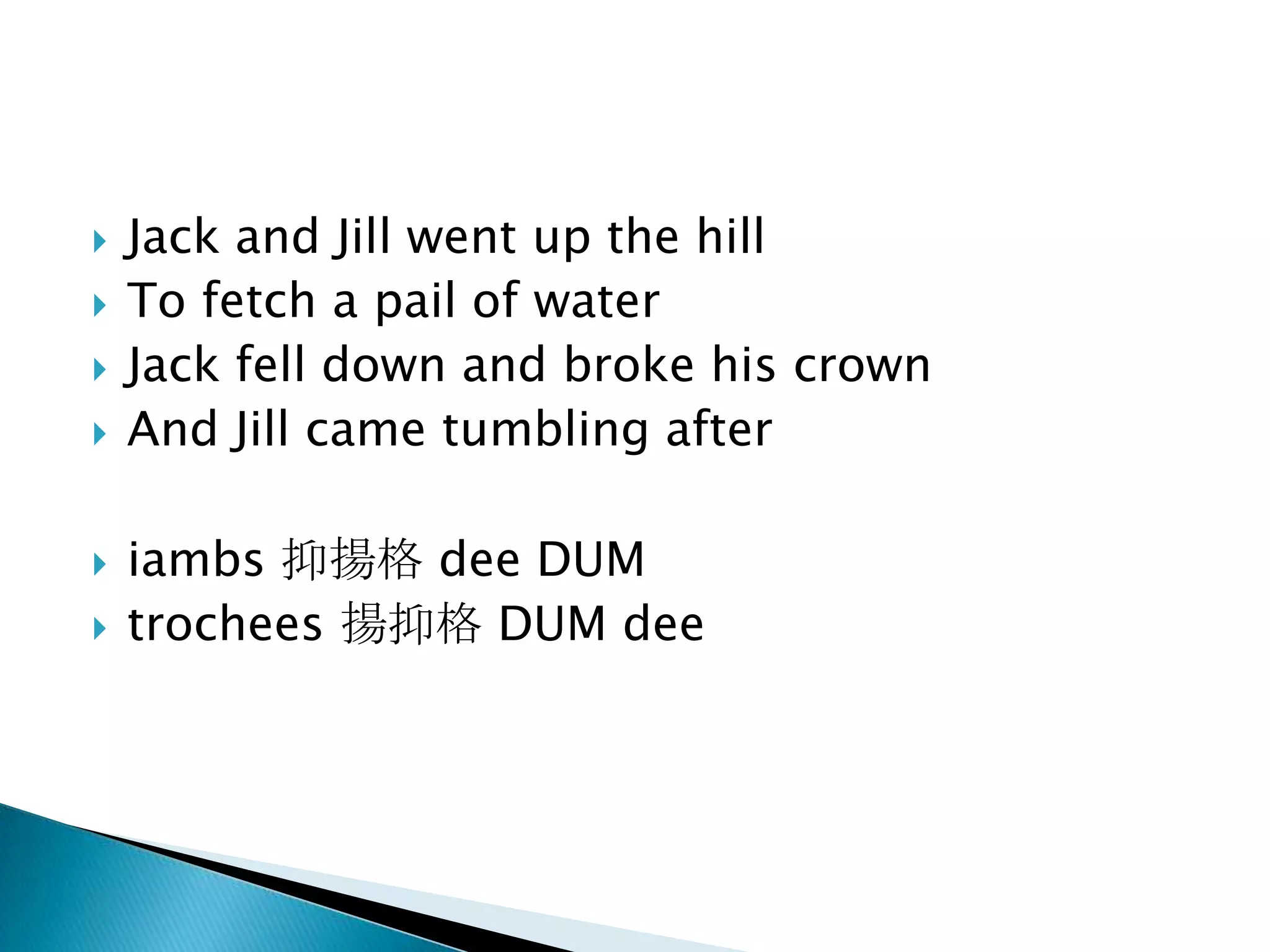    Jack and Jill went up the hill
   To fetch a pail of water
   Jack fell down and broke his crown
   And Jill came tumbling after

   iambs 抑揚格 dee DUM
   trochees 揚抑格 DUM dee
 