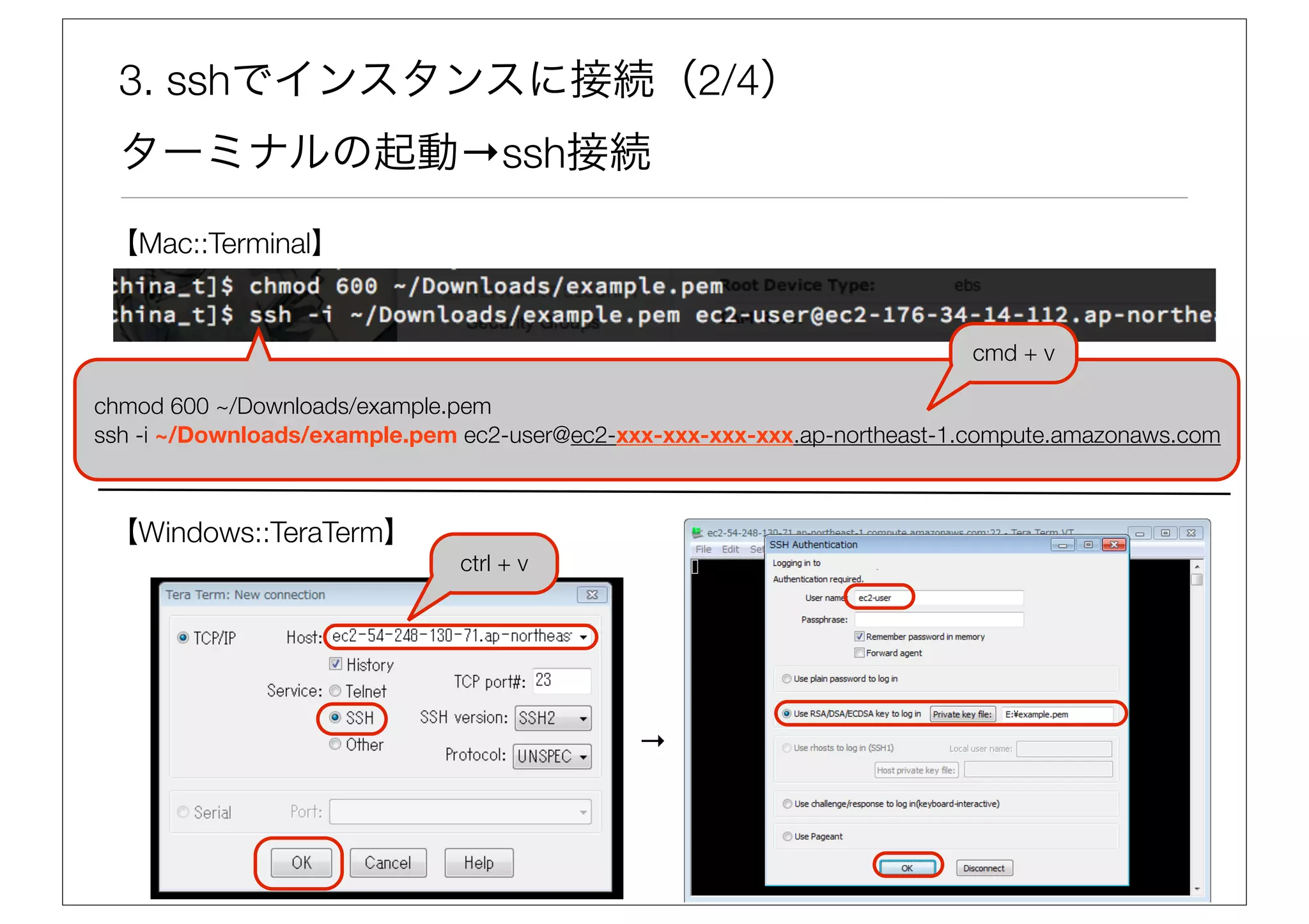 3. sshでインスタンスに接続（2/4）
  ターミナルの起動→ssh接続
 【Mac::Terminal】


                                                                          cmd + v

chmod 600 ~/Downloads/example.pem
ssh -i ~/Downloads/example.pem ec2-user@ec2-xxx-xxx-xxx-xxx.ap-northeast-1.compute.amazonaws.com



 【Windows::TeraTerm】
                               ctrl + v




                                              →
 