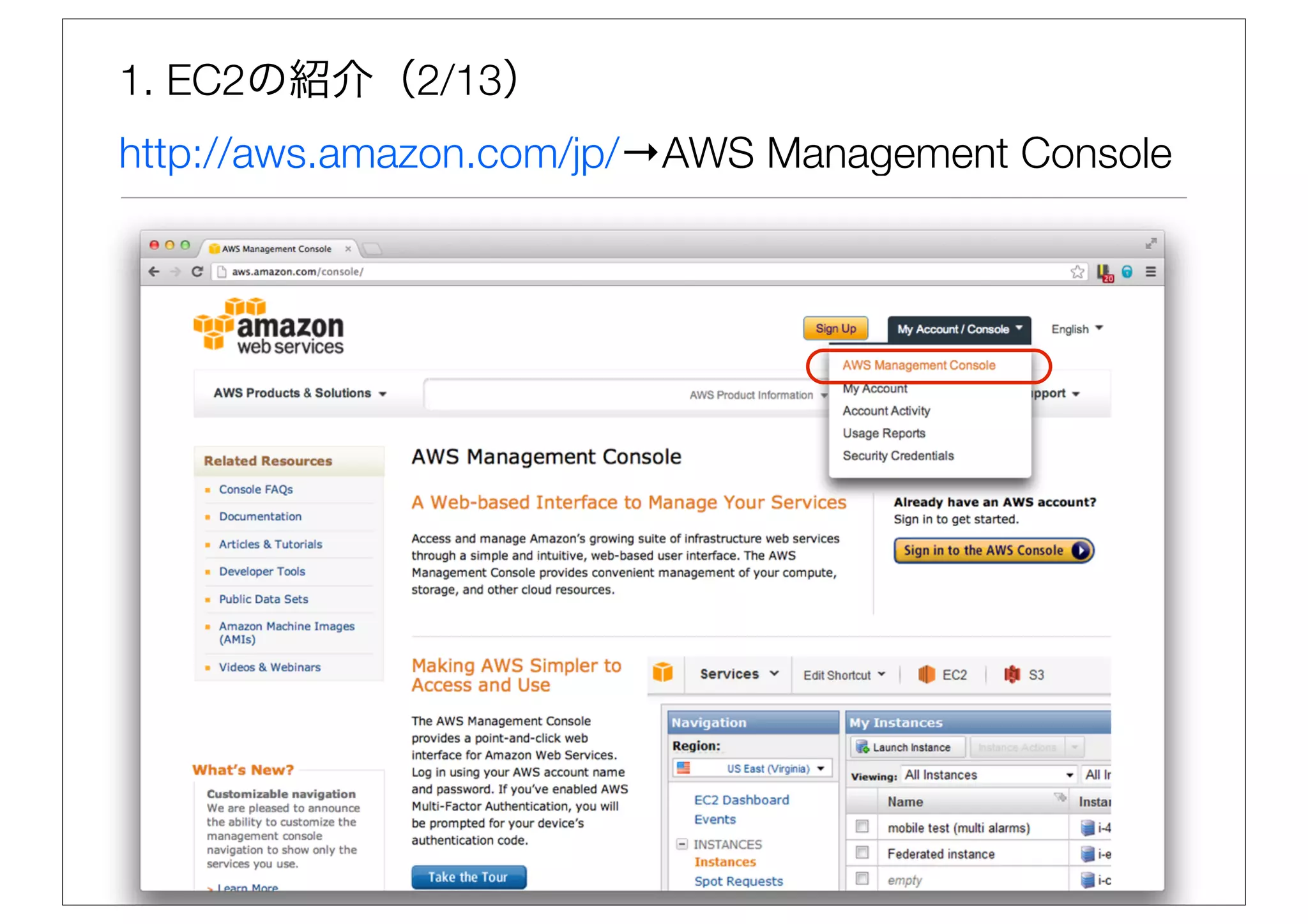 1. EC2の紹介（2/13）
http://aws.amazon.com/jp/→AWS Management Console
 