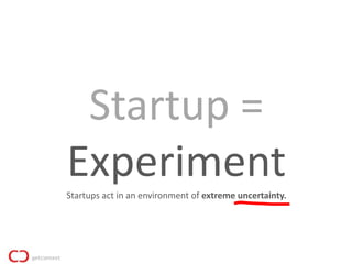 Startup =
Experiment
Startups act in an environment of extreme uncertainty.
 