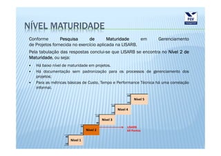 NÍVEL MATURIDADE
Conforme        Pesquisa      de        Maturidade     em                          Gerenciamento
de Projetos fornecida no exercício aplicada na LISARB.
Pela tabulação das respostas conclui-se que LISARB se encontra no Nível 2 de
Maturidade,
Maturidade ou seja:
   Há baixo nível de maturidade em projetos.
   Há documentação sem padronização para os processos de gerenciamento dos
   projetos;
   Para as métricas básicas de Custo, Tempo e Performance Técnica há uma correlação
   informal.
                                                                   200
                                                                         Nível 5
                                                                   161
                                                       160
                                                             Nível 4
                                                       120
                                        119
                                                 Nível 3
                                            80
                             79                                    LISARB
                                  Nível 2                          69 Pontos
                             41
                  40
                       Nível 1
                  10
 