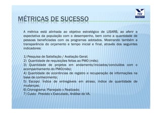 MÉTRICAS DE SUCESSO
 A métrica está alinhada ao objetivo estratégico de LISARB, ao aferir a
 expectativa da população com o desempenho, bem como a quantidade de
 pessoas beneficiadas com os programas adotados. Mostrando também a
 transparência do orçamento e tempo inicial e final, através dos seguintes
 indicadores:

 1) Pesquisa de Satisfação / Avaliação Geral;
 2) Quantidade de requisições feitas ao PMO (mês);
 3) Quantidade de projetos em andamento/iniciados/concluídos com o
 acompanhamento do PMO(mês);
 4) Quantidade de ocorrências de registro e recuperação de informações na
 base de conhecimento;
 5) Escopo: Índice de entregáveis em atraso, índice de quantidade de
 mudanças;
 6) Cronograma: Planejado x Realizado;
 7) Custo: Previsto x Executado, Análise do VA.
 