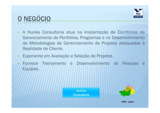 O NEGÓCIO
 A Hunka Consultoria atua na Implantação de Escritórios de
 Gerenciamento de Portfólios, Programas e no Desenvolvimento
 de Metodologias de Gerenciamento de Projetos adequadas à
 Realidade do Cliente.
 Experiente em Avaliação e Seleção de Projetos.
 Fornece Treinamento e Desenvolvimento de Pessoas e
 Equipes.




                                                  PMO - Lisarb
 