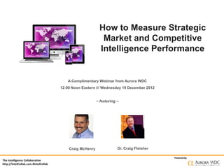 How to Measure Strategic
                                                            Market and Competitive
                                                           Intelligence Performance


                                         A Complimentary Webinar from Aurora WDC
                                      12:00 Noon Eastern /// Wednesday 19 December 2012


                                                          ~ featuring ~




                                          Craig McHenry               Dr. Craig Fleisher

                                                                                           Powered by
The Intelligence Collaborative
http://IntelCollab.com #IntelCollab
 