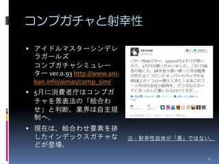 コンプガチャと射幸性

 アイドルマスターシンデレ
 ラガールズ
 コンプガチャシミュレー
 ター ver.0.93 http://www.ani-
 ban.info/aimas/comp_sim/
 5月に消費者庁はコンプガ
 チャを景表法の「絵合わ
 せ」と判断。業界は自主規
 制へ。
 現在は、絵合わせ要素を排
 したインデックスガチャな                  注：射幸性自体が「悪」ではない。
 どが登場。
                                             6
 