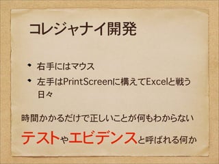 コレジャナイ開発

 右手にはマウス
 左手はPrintScreenに構えてExcelと戦う
 日々

時間かかるだけで正しいことが何もわからない

テストやエビデンスと呼ばれる何か
 