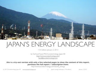 (c) 2014 Eurotechnology Japan KK www.eurotechnology.com Japan’s energy landscape (21st edition) June 30, 2014
Primary energy, gas and electricity markets
June 30, 2014 (21st Edition)
by Gerhard Fasol, PhD, Eurotechnology Japan KK
http://www.eurotechnology.com/
fasol@eurotechnology.com
Preview version, download full version here: http://www.eurotechnology.com/store/j_energy/
1
JAPAN ENERGY MARKET
 