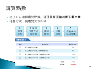    您也可以選擇購買點數。儲值後可直接扣點下載文章
   付費方式，與購買文章相同

       1.    2.選擇    3.    4.     5.
      選擇    付款方式    確認    付款    交易成功
      産品     及發票    購買    交易    完成加值




                                       17
 