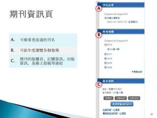 A




                      B
A.   可參看更改過的刊名

B.   可依年度瀏覽各個卷期

C.   期刊的版權頁、訂購資訊、出版
     資訊，及線上投稿等連結




                      C




                          21
 