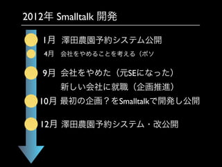 2012年 Smalltalk 開発
1月 澤田農園予約システム公開
4月 会社をやめることを考える（ボソ
9月 会社をやめた（元SEになった）
新しい会社に就職（企画推進）
10月 最初の企画？をSmalltalkで開発し公開
12月 澤田農園予約システム・改公開
 