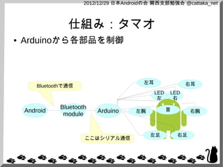 2012/12/29 日本Androidの会 関西支部勉強会 @cattaka_net



                  仕組み：タマオ
●   Arduinoから各部品を制御



                                          左耳               右耳
        Bluetoothで通信
                                               LED   LED
                                                左     右
               Bluetooth                             首
    Android                Arduino     左腕                     右腕
                module


                                            左足           右足
                       ここはシリアル通信
 