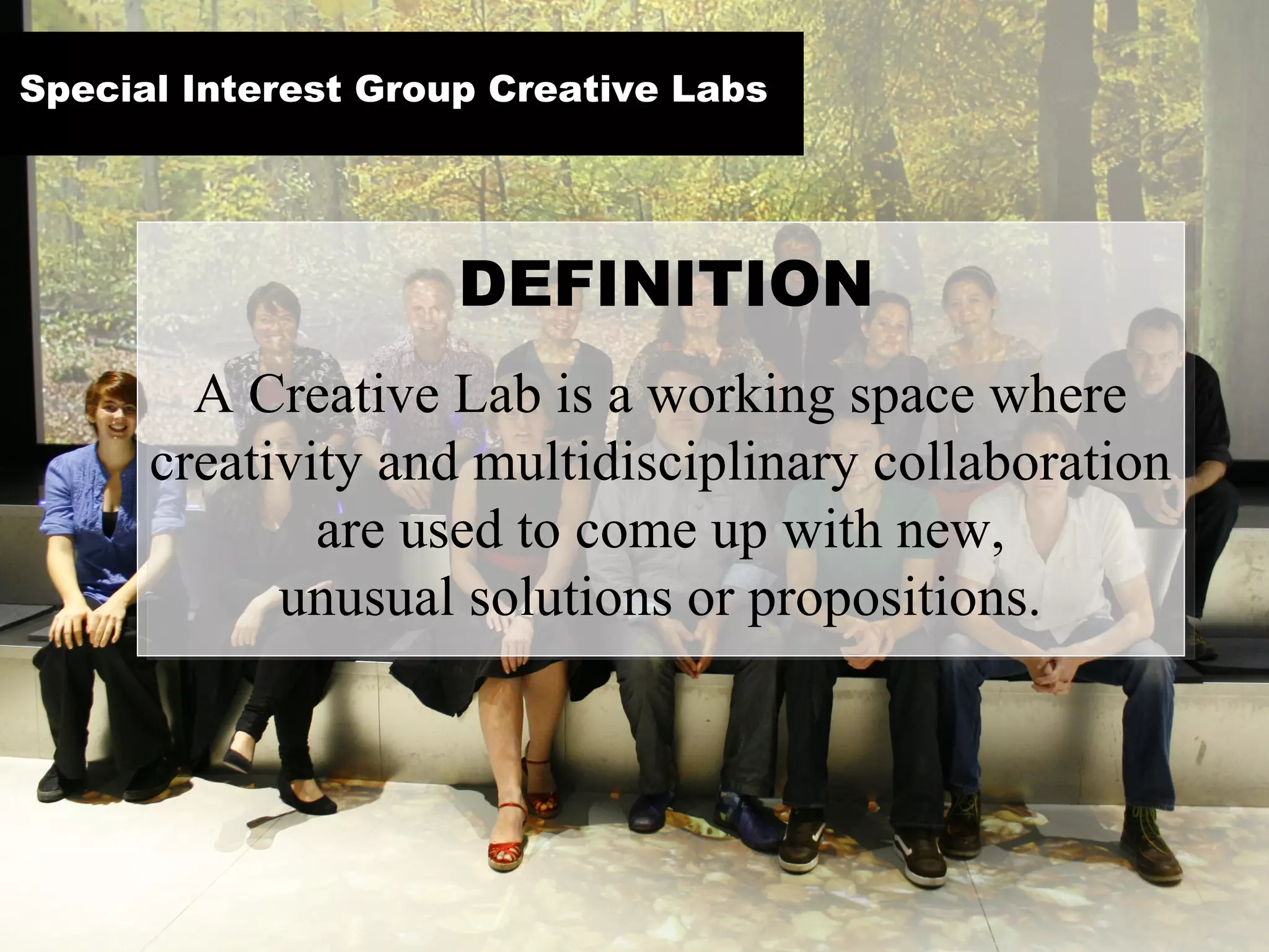 Special Interest Group Creative Labs




                     DEFINITION
        A Creative Lab is a working space where
      creativity and multidisciplinary collaboration
              are used to come up with new,
            unusual solutions or propositions.
 