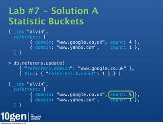 Lab #7 - Solution A
       Statistic Buckets
       { _id: "alvin",
         referrers: [
               { domain: "www.google.co.uk", count: 4 },
               { domain: "www.yahoo.com",    count: 1 },
         ] }

       > db.referers.update(
           { "referrers.domain": "www.google.co.uk" },
           { $inc: { "referrers.$.count": 1 } } )

       { _id: "alvin",
         referrers: [
               { domain: "www.google.co.uk", count: 5 },
               { domain: "www.yahoo.com",    count: 1 },
         ] }


Wednesday, December 5, 12
 